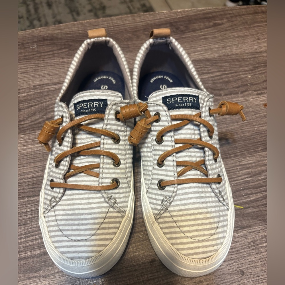 Sperry Gray and White Striped Shoes with Tan Laces